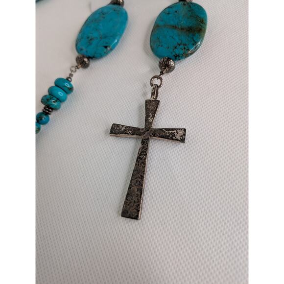 Large Oval Turquoise and Sterling Silver Cross Hook Belt Adjustable 48" Blue - Picture 6 of 12